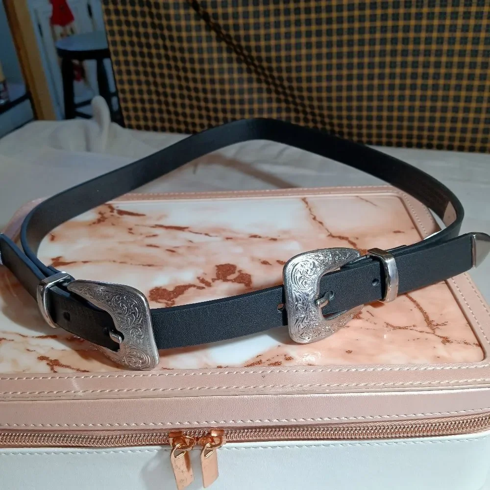 Double Buckle Western Style Bonded Leather Belt.